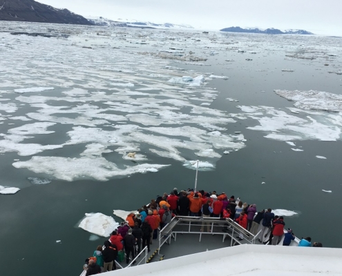 Traveleres on Lindblad expedition in Svalbard viewing polar bear on ice floe